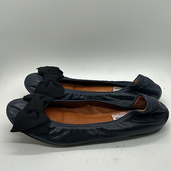 Lanvin Paris Navy Blue Leather Black Bow Ballet Flats Shoes **Size 37.5/US 5.5** - Picture 4 of 7